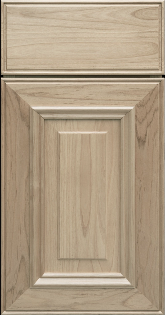 Custom Blondie Stain Anderson Raised Panel Kitchen Cabinet Door and matching Slab Drawer Front.
